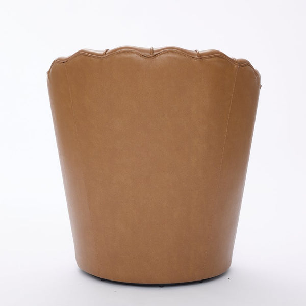 English Elm Light Brown Petal Swivel Chair — 360° Metal Base, Top-Grain Leather Wingback, Fluted Curve Accent Seat W570P375734