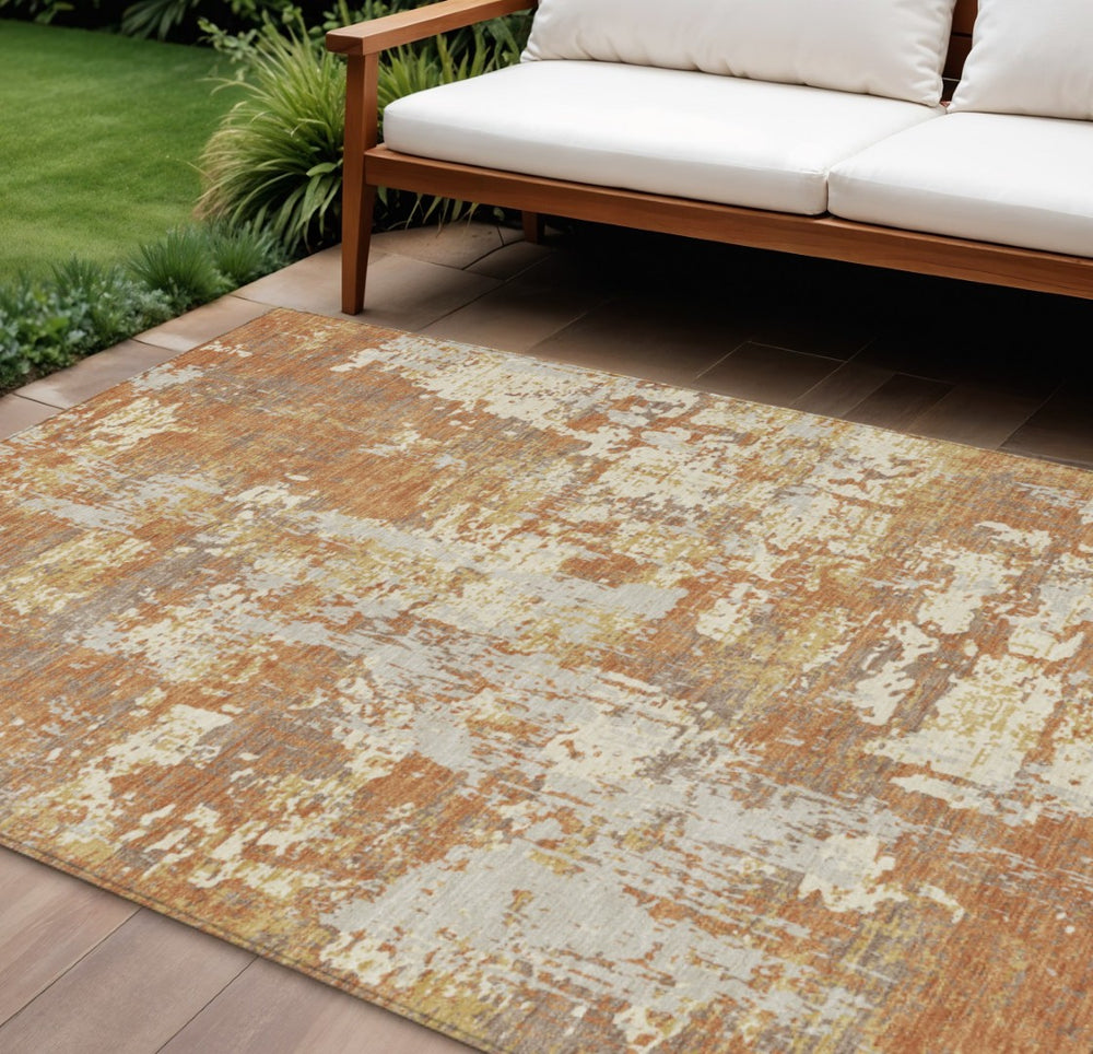 HomeRoots 9' X 12' Washable Copper Gold & Ivory Abstract Area Rug - Stylish, Durable for Indoor & Outdoor Use 597954