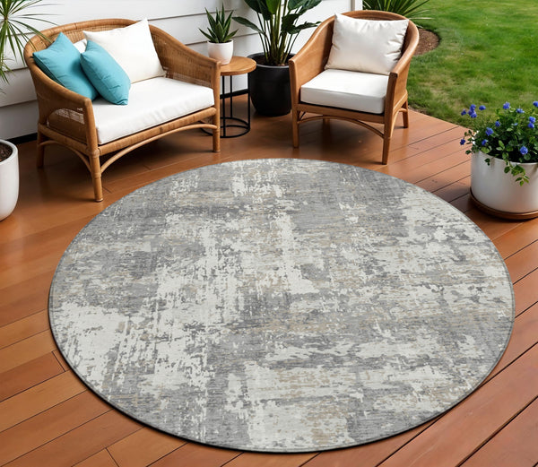 Homeroots 3' Black And Gray Abstract Washable Area Rug - Versatile Indoor Outdoor Design For Any Space 8' Round Polyester 597970