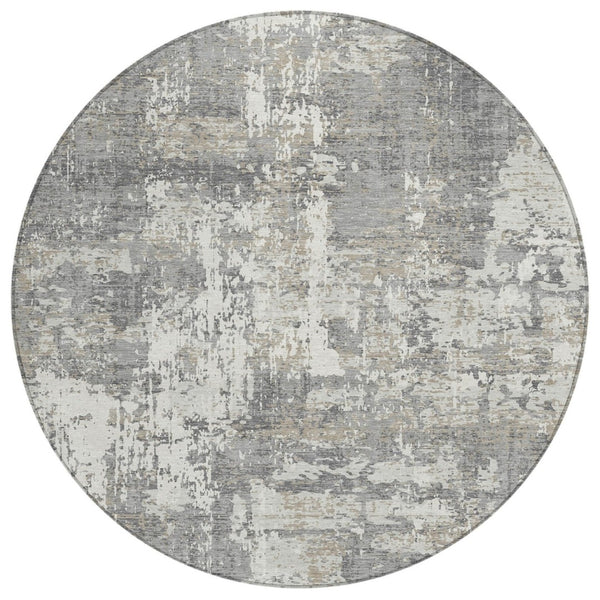 HomeRoots 5' Gray and Ivory Abstract Area Rug - Stylish, Washable, Durable Design for Indoor and Outdoor Use 8' Round 597970