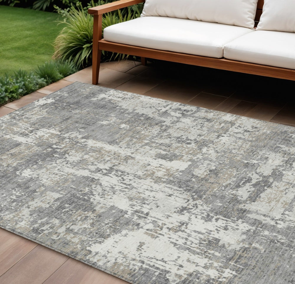 HomeRoots 9' X 12' Versatile Gray and Ivory Abstract Washable Area Rug for Indoor & Outdoor Use, Durable Design 597972
