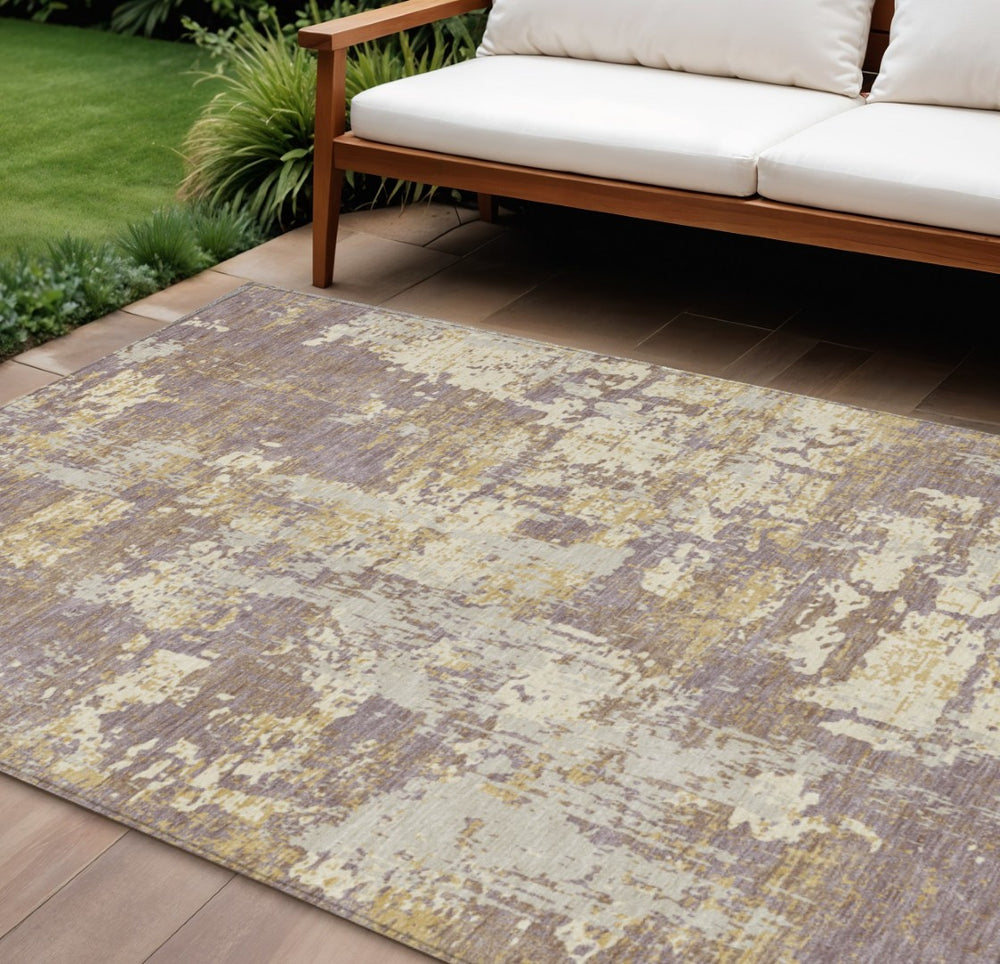HomeRoots 9' X 12' Abstract Lavender, Gold & Beige Washable Area Rug - Stylish Indoor/Outdoor Design, Durable & Easy Care 597984