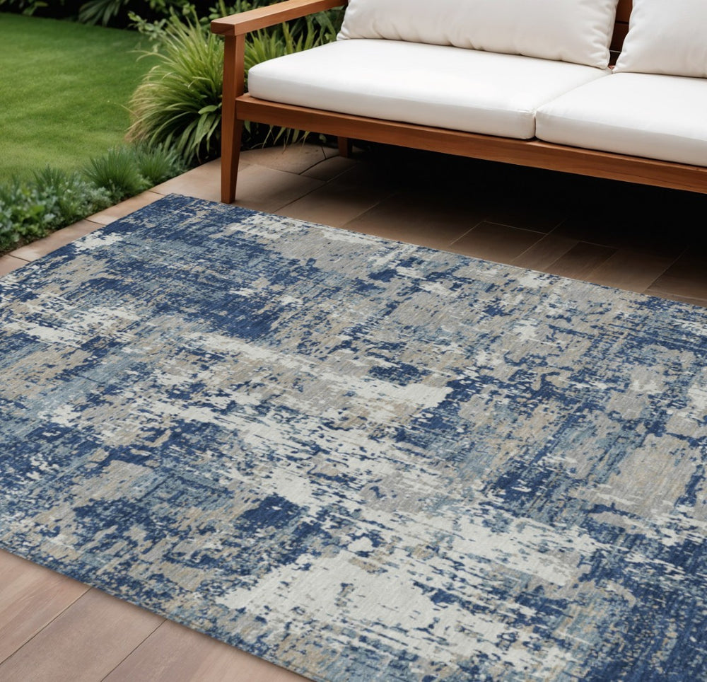 HomeRoots 9' X 12' Abstract Navy Blue Gray Ivory Rug - Washable, Durable, Modern Design for Indoor & Outdoor Use 597990