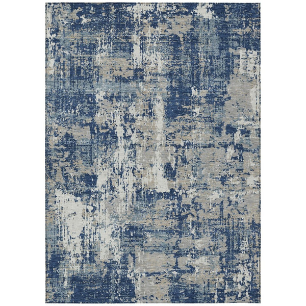 HomeRoots 9' X 12' Abstract Navy Blue Gray Ivory Rug - Washable, Durable, Modern Design for Indoor & Outdoor Use 597990