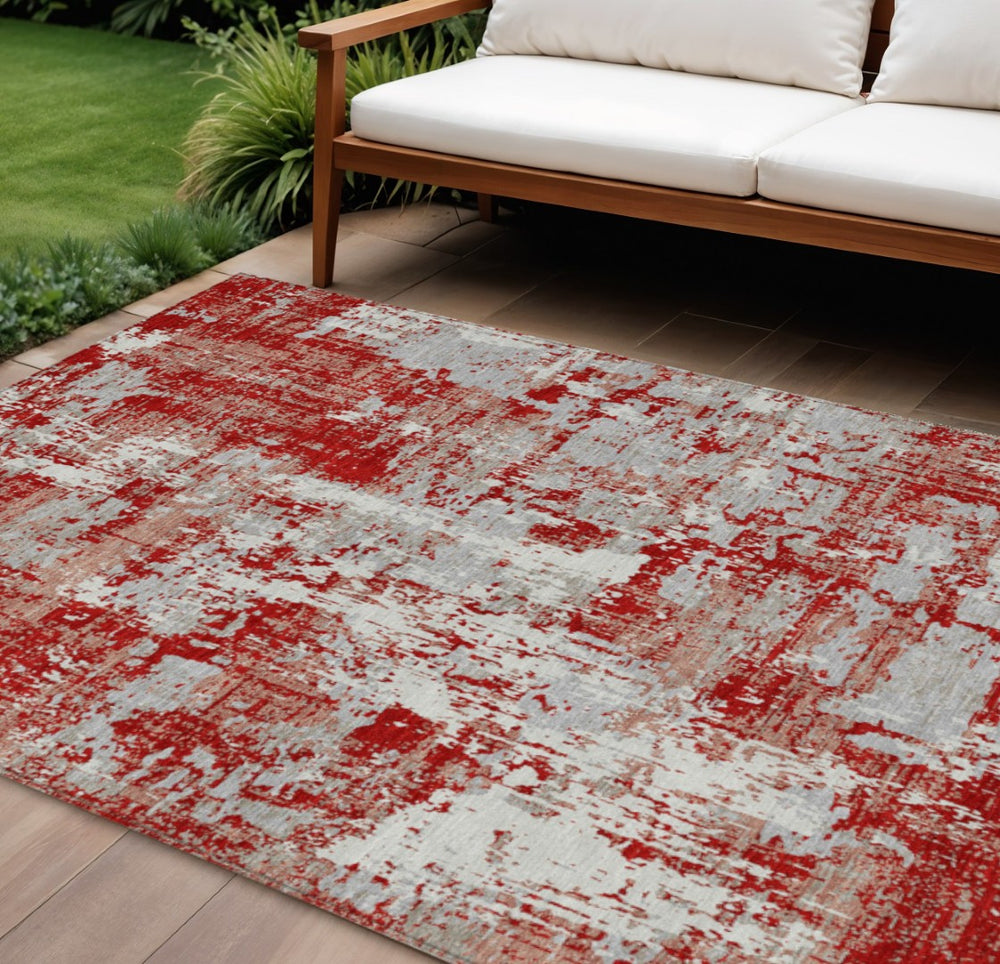 HomeRoots 9' X 12' Abstract Washable Area Rug in Red, Gray & Ivory – Stylish, Durable & Versatile for Indoors/Outdoors 597996