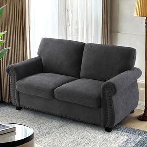 English Elm Soft Velvet Upholstered Loveseat with Turned Wood Legs Nailhead Trim Mid-century Style Black B2735P292309