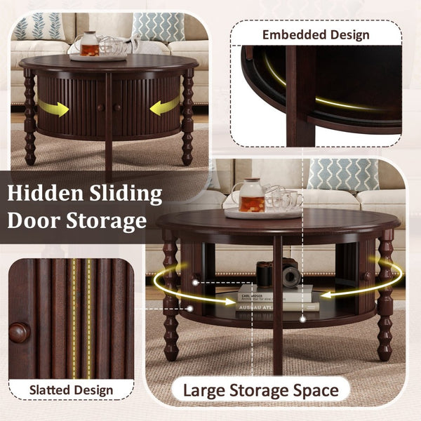 English Elm Vintage Round Coffee Table With Hidden Storage - Mid Century Modern Accent Table For Small Spaces N735P277387D-GIGA