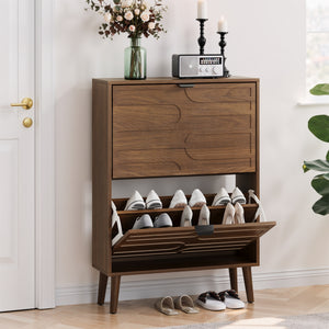 English Elm Medieval Modern Independent Shoe Cabinet 23.62" Walnut | Farmhouse MDF Shoe Storage, 2 Flip Drawers, Sturdy Anti-Tip Safety W1706P372249