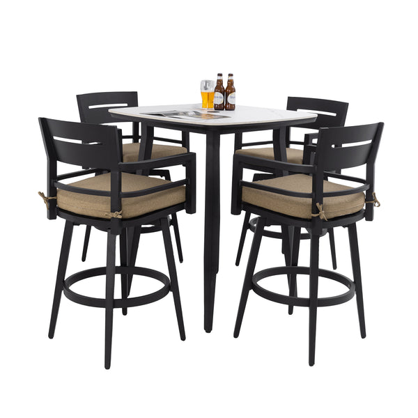 English Elm Modern 5Pc Outdoor Patio Bar Set – Elegant Marble-Inspired Table & Swivel Chairs For Entertaining W1886S00033
