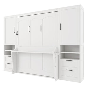 English Elm Queen Murphy Fold Down Wall Bed with Wardrobe Drawers and Shelves for Guest Rooms White LP000909AAK-2