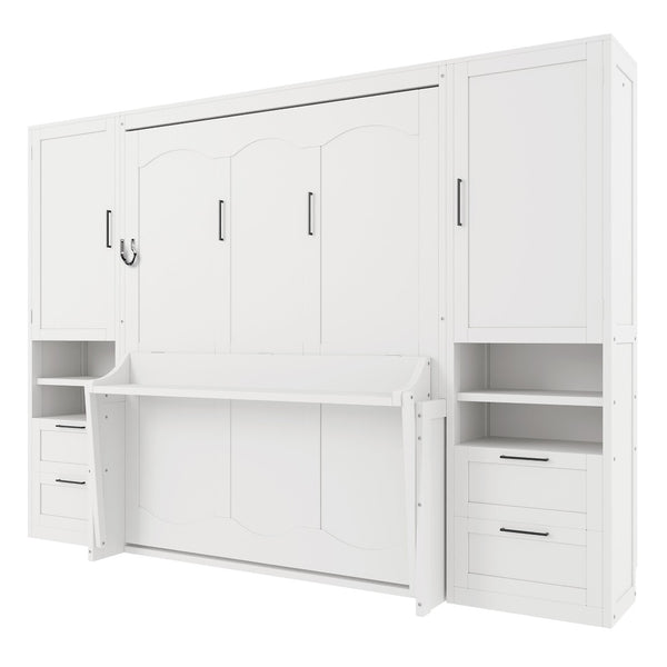 English Elm Queen Murphy Fold Down Wall Bed with Wardrobe Drawers and Shelves for Guest Rooms White LP000909AAK-2