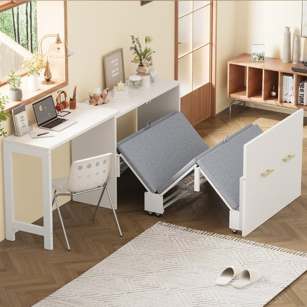 English Elm Twin Murphy Cabinet Bed with Folding Desk Mdf Frame Guest Room White Finish N733S272603K