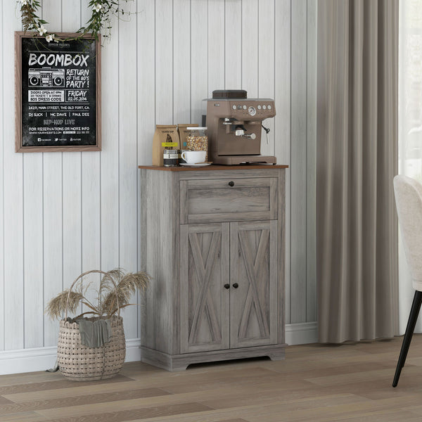 English Elm HOMCOM Rustic Farmhouse Sideboard Buffet Cabinet with Barn Doors, Drawer & Adjustable Shelves for Entryway Gray W2225P229127