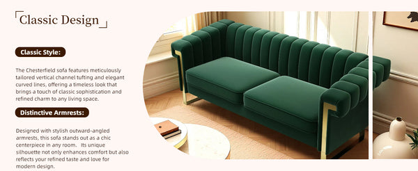 English Elm FX-P81-RG2 Black Velvet Chesterfield Sofa with Gold L Legs, Channel Tufted 3-Seater for Glam Rooms W576S00089