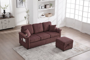 English Elm UNITED Corduroy L-Shaped Sectional Sofa with Storage Ottoman, USB Ports, Cup Holders & LED Lighting WINE RED W1568P332410
