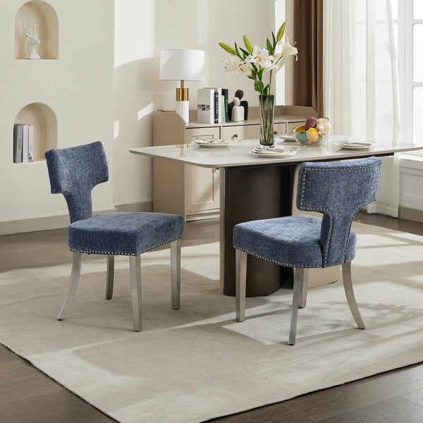 English Elm Mid Century Modern Dining Chairs with Copper Nail Trim, Plush High-Density Foam Seats, Brushed Steel Legs Blue W1143P314901