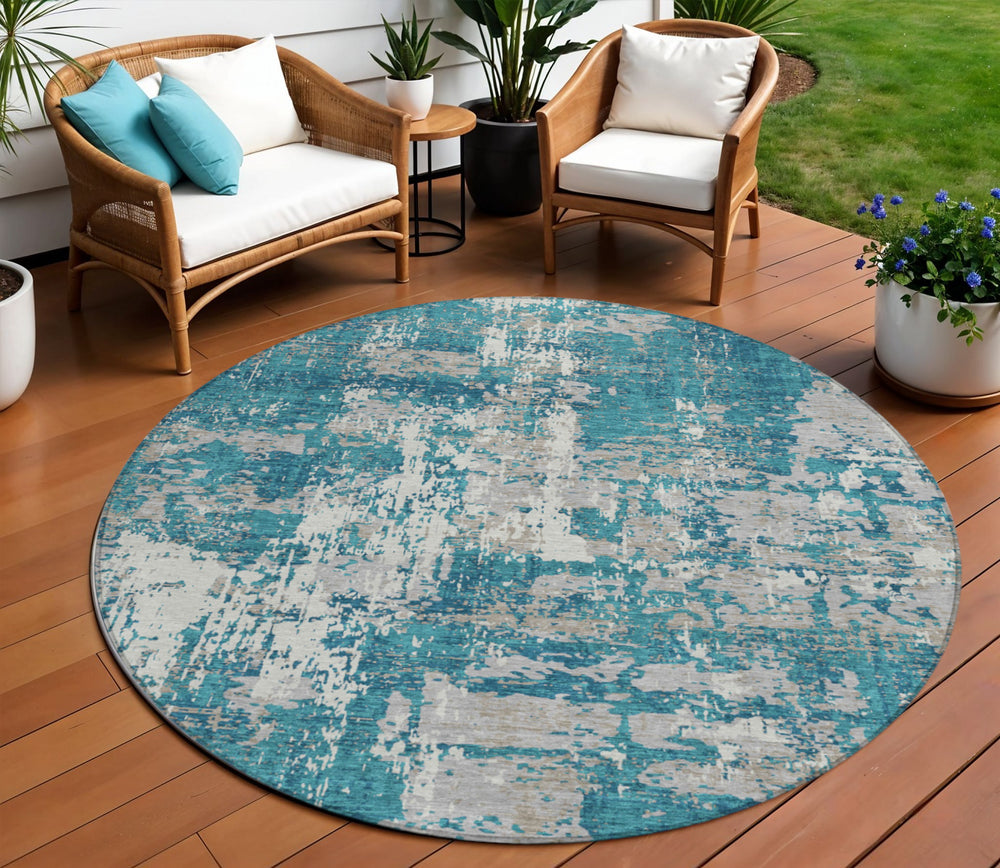 Homeroots 3' Black And Gray Abstract Washable Area Rug - Versatile Indoor Outdoor Design For Any Space 8' Round Polyester 598000