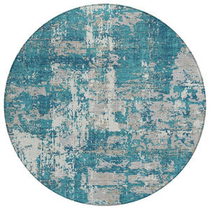 HomeRoots 5' Abstract Washable Indoor Outdoor Area Rug in Teal, Blue, Gray & Ivory - Modern Style & Durability 8' Round 598000