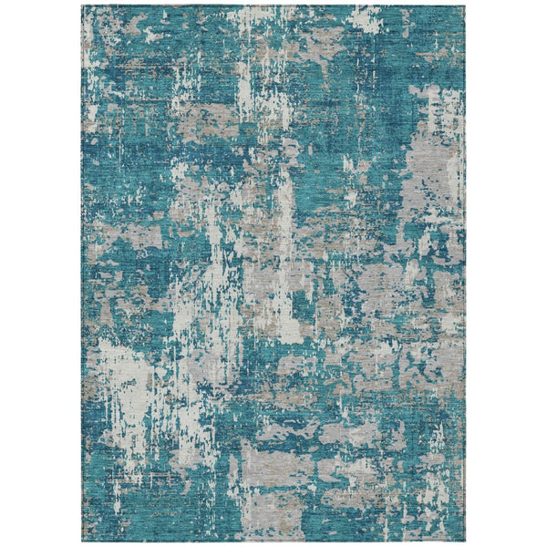 HomeRoots 5' Abstract Washable Indoor Outdoor Area Rug in Teal, Blue, Gray & Ivory - Modern Style & Durability 8' X 10' 598001