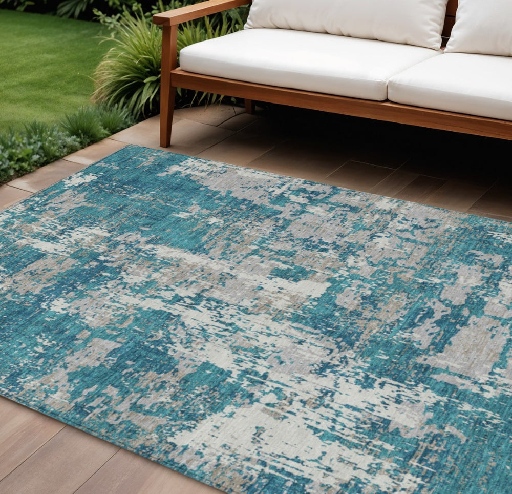 HomeRoots 9' X 12' Stylish Teal Blue Gray Ivory Abstract Washable Area Rug for Indoor & Outdoor Spaces 598002