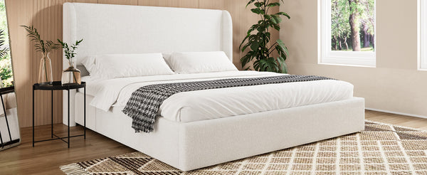 English Elm Queen Boucle Upholstered Wingback Bed Solid Wood Slats Cozy Bedroom Anchor W1670S00029