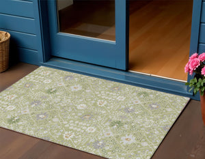 Homeroots 3' Artichoke Green Gray Ivory Oriental Washable Area Rug For Indoor And Outdoor Spaces, Durable Design 3' X 5' Polyester 598010