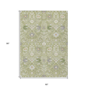 Homeroots 3' Artichoke Green Gray Ivory Oriental Washable Area Rug For Indoor And Outdoor Spaces, Durable Design 5' X 8' Polyester 598011