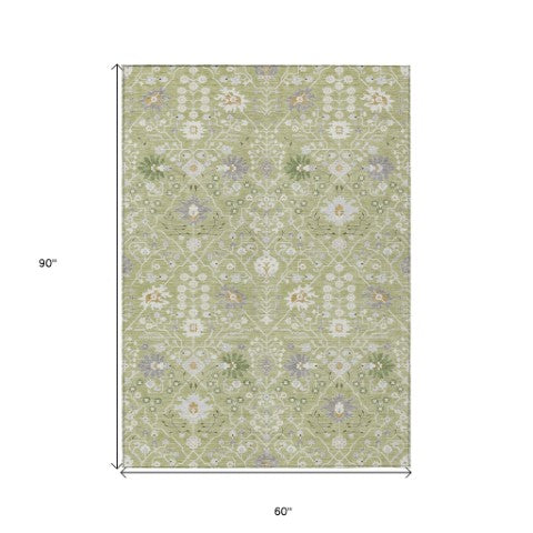 Homeroots 3' Artichoke Green Gray Ivory Oriental Washable Area Rug For Indoor And Outdoor Spaces, Durable Design 5' X 8' Polyester 598011