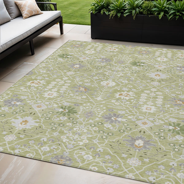 Homeroots 3' Artichoke Green Gray Ivory Oriental Washable Area Rug For Indoor And Outdoor Spaces, Durable Design 5' X 8' Polyester 598011