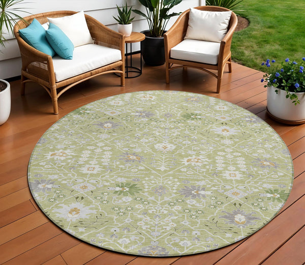 Homeroots 3' Artichoke Green Gray Ivory Oriental Washable Area Rug For Indoor And Outdoor Spaces, Durable Design 8' Round Polyester 598012