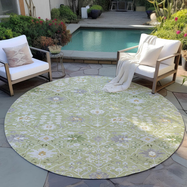Homeroots 3' Artichoke Green Gray Ivory Oriental Washable Area Rug For Indoor And Outdoor Spaces, Durable Design 8' Round Polyester 598012
