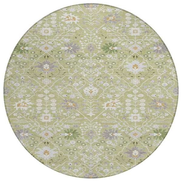 HomeRoots 5' Timeless Artichoke Green, Gray & Ivory Oriental Area Rug for Indoor/Outdoor Durability & Style 8' Round 598012