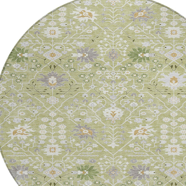 Homeroots 3' Artichoke Green Gray Ivory Oriental Washable Area Rug For Indoor And Outdoor Spaces, Durable Design 8' Round Polyester 598012