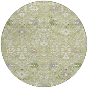 Homeroots 3' Artichoke Green Gray Ivory Oriental Washable Area Rug For Indoor And Outdoor Spaces, Durable Design 8' Round Polyester 598012