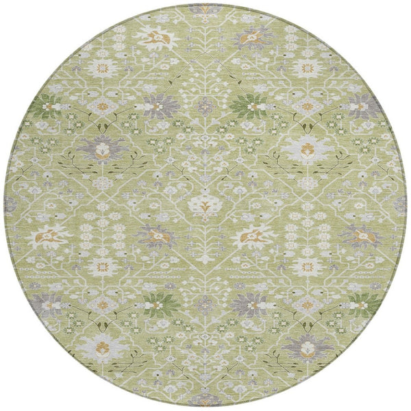 Homeroots 3' Artichoke Green Gray Ivory Oriental Washable Area Rug For Indoor And Outdoor Spaces, Durable Design 8' Round Polyester 598012