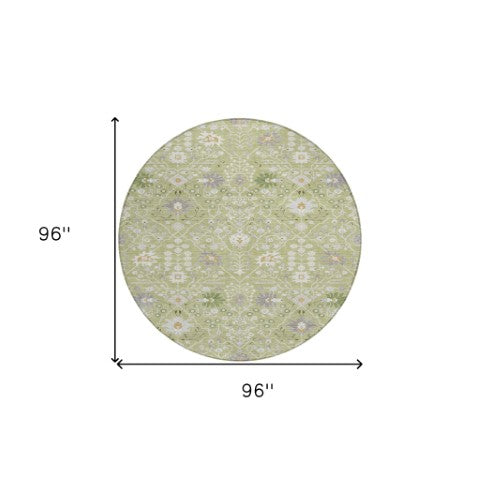 Homeroots 3' Artichoke Green Gray Ivory Oriental Washable Area Rug For Indoor And Outdoor Spaces, Durable Design 8' Round Polyester 598012
