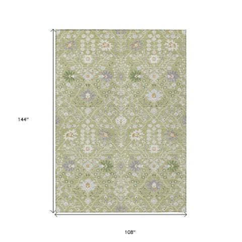 Homeroots 3' Artichoke Green Gray Ivory Oriental Washable Area Rug For Indoor And Outdoor Spaces, Durable Design 9' X 12' Polyester 598014