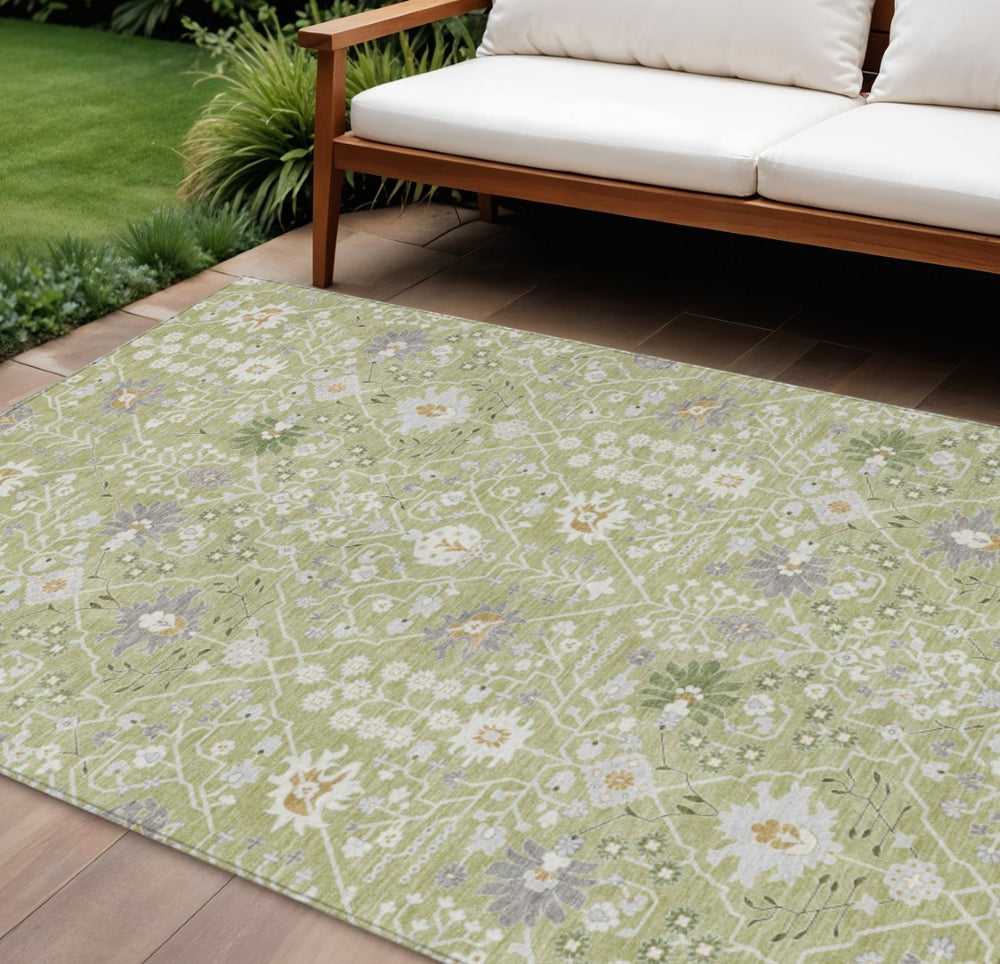 HomeRoots 9' X 12' Artichoke Green Gray Ivory Oriental Rug – Durable, Washable, Indoor/Outdoor, Easy Care! 598014