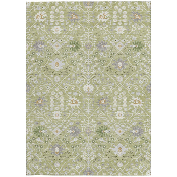 Homeroots 3' Artichoke Green Gray Ivory Oriental Washable Area Rug For Indoor And Outdoor Spaces, Durable Design 10' X 14' Polyester 598015