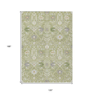 Homeroots 3' Artichoke Green Gray Ivory Oriental Washable Area Rug For Indoor And Outdoor Spaces, Durable Design 10' X 14' Polyester 598015