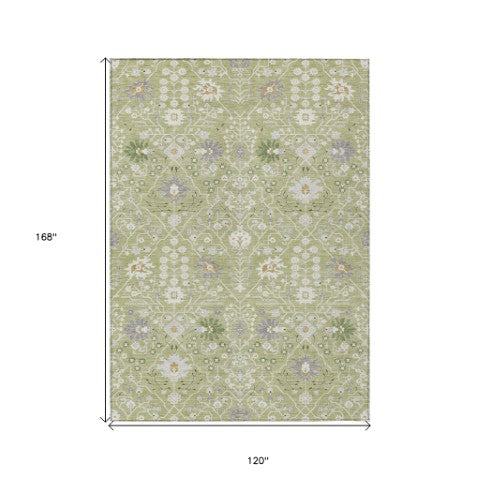 Homeroots 3' Artichoke Green Gray Ivory Oriental Washable Area Rug For Indoor And Outdoor Spaces, Durable Design 10' X 14' Polyester 598015
