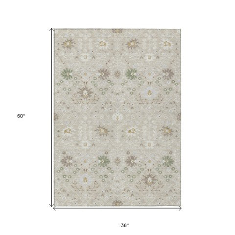 Homeroots 3' Artichoke Green Gray Ivory Oriental Washable Area Rug For Indoor And Outdoor Spaces, Durable Design 3' X 5' Polyester 598016