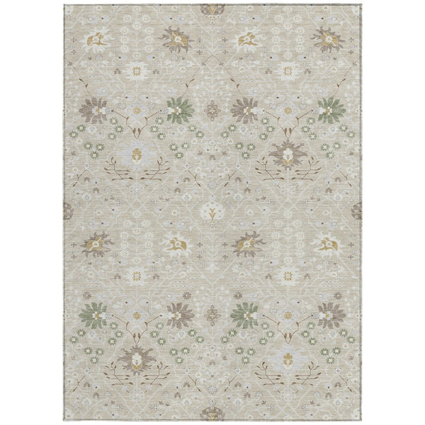 Homeroots 3' Artichoke Green Gray Ivory Oriental Washable Area Rug For Indoor And Outdoor Spaces, Durable Design 5' X 8' Polyester 598017