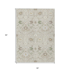 Homeroots 3' Artichoke Green Gray Ivory Oriental Washable Area Rug For Indoor And Outdoor Spaces, Durable Design 5' X 8' Polyester 598017