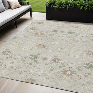 Homeroots 3' Artichoke Green Gray Ivory Oriental Washable Area Rug For Indoor And Outdoor Spaces, Durable Design 5' X 8' Polyester 598017