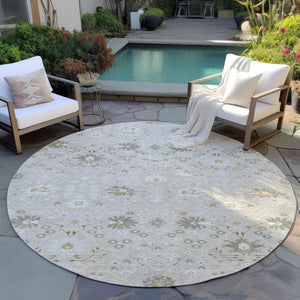 Homeroots 3' Artichoke Green Gray Ivory Oriental Washable Area Rug For Indoor And Outdoor Spaces, Durable Design 8' Round Polyester 598018