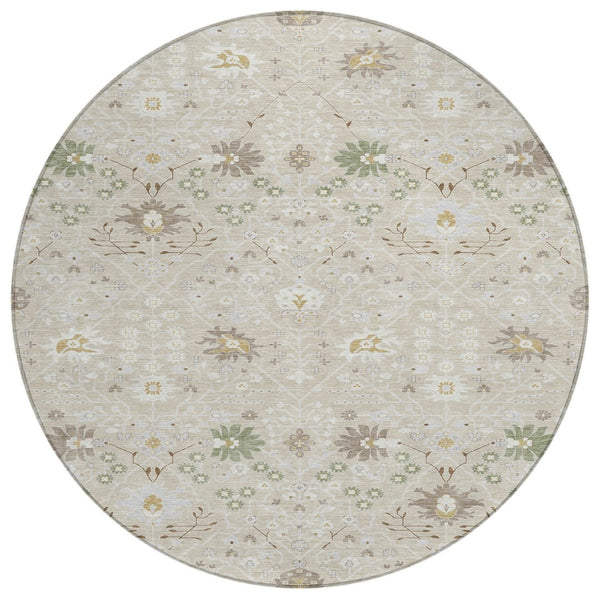 HomeRoots 5' Oriental Washable Area Rug in Beige, Brown & Green - Stylish, Durable for Indoor & Outdoor Use 8' Round 598018