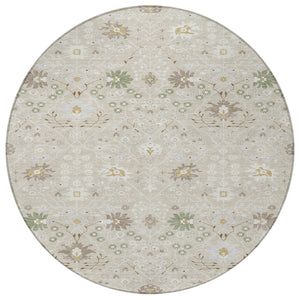 Homeroots 3' Artichoke Green Gray Ivory Oriental Washable Area Rug For Indoor And Outdoor Spaces, Durable Design 8' Round Polyester 598018