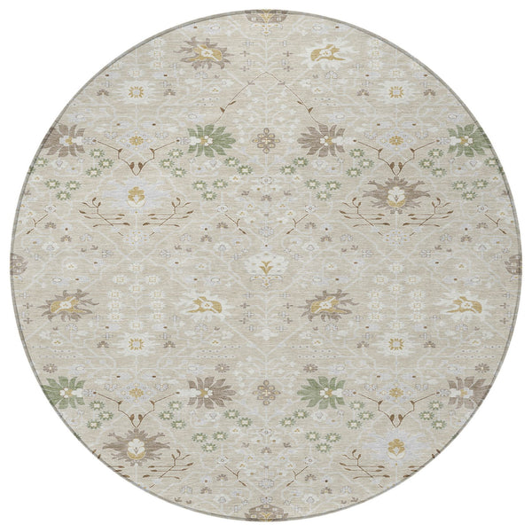 Homeroots 3' Artichoke Green Gray Ivory Oriental Washable Area Rug For Indoor And Outdoor Spaces, Durable Design 8' Round Polyester 598018