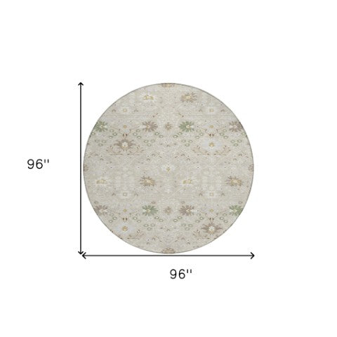 Homeroots 3' Artichoke Green Gray Ivory Oriental Washable Area Rug For Indoor And Outdoor Spaces, Durable Design 8' Round Polyester 598018